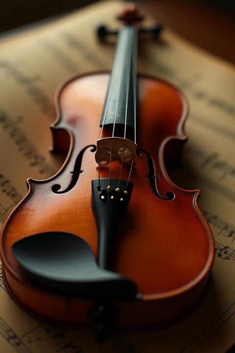 Gros plan sur un violon ancien et détaillé, éclairage doux.